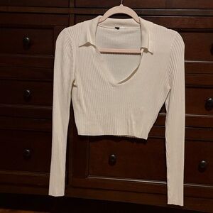 Elegant Cream Ribbed V-Neck Top